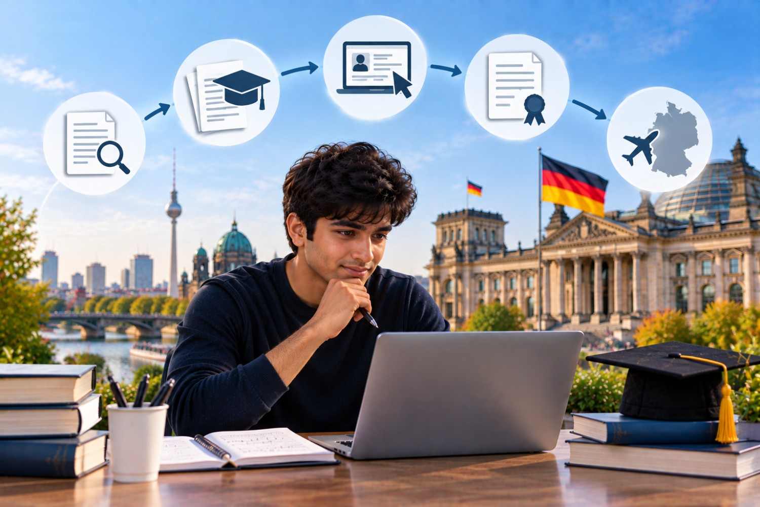 Indian student applying for an MBA in Germany on a laptop, with documents, academic credentials, application icons, German landmarks, flags, and travel symbols representing the MBA application process